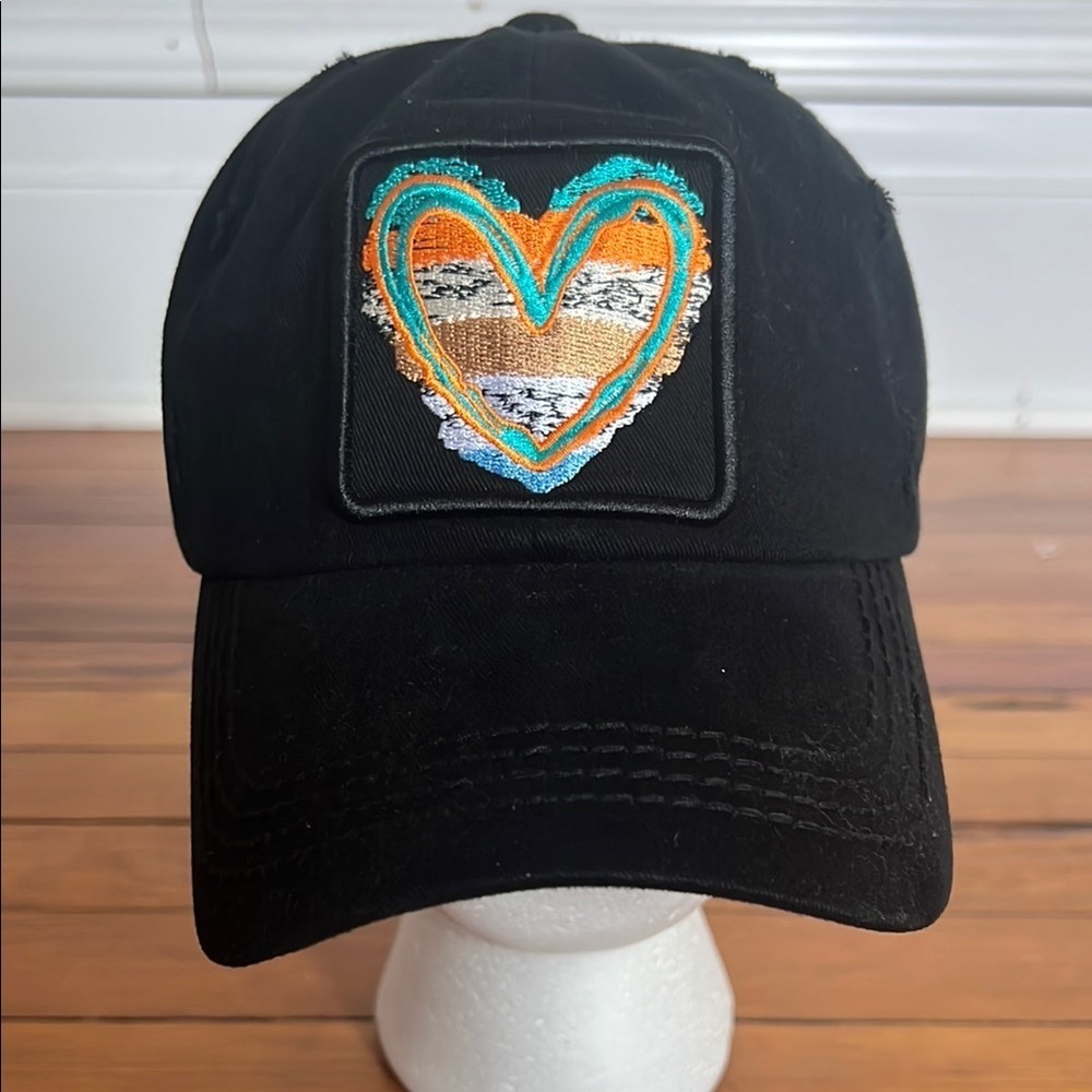 4350 District Distressed Cotton Black Cap with Colorful Heart Patch - OS